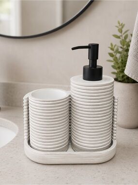 Modern Ribbed Bathroom Organizer Set – White/Gray – New